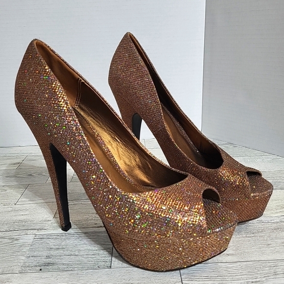 Forever 21 Burnished Gold Glitter Platform Heels Size 7‎ Open Toe 5.5" Heel - Picture 1 of 13